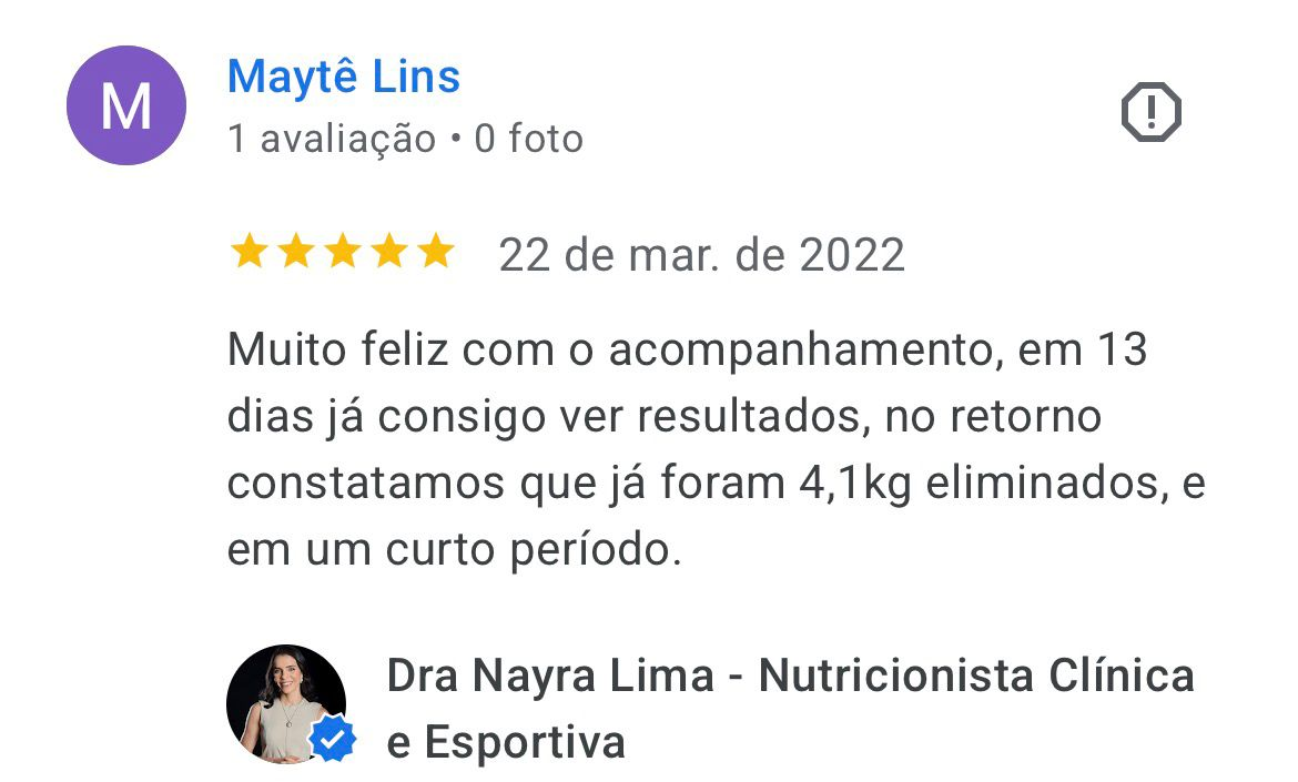 Avaliação real de Maytê Lins no Google sobre o atendimento da Dra. Nayra Lima
