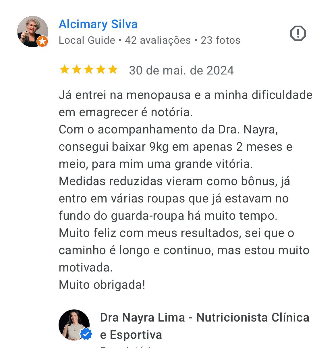 Avaliação real de Alcimary Silva no Google sobre o atendimento da Dra. Nayra Lima